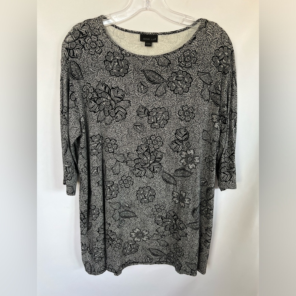 J.Jill Womens Wearever Collection Geometric Floral Black White Tunic Blouse Sz L